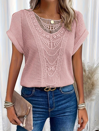 Top with Round Neck and Lace Trim