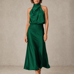 Green halter satin evening dress