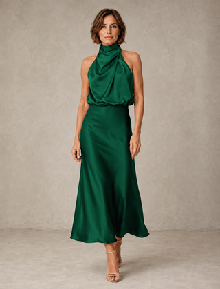 Green halter satin evening dress