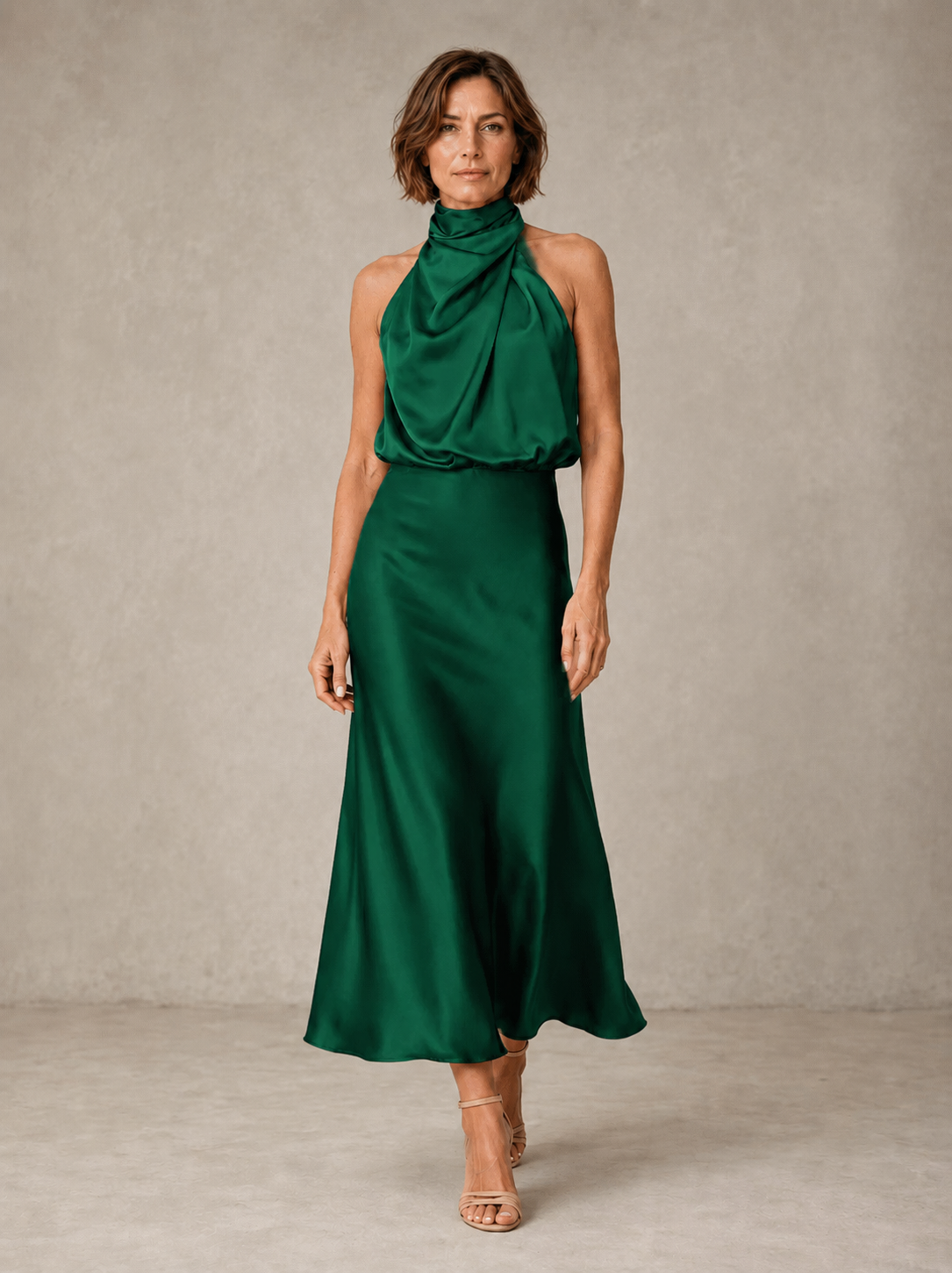Green halter satin evening dress
