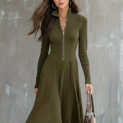 Zip-Front Long-Sleeve Fitted Midi Dress for Women