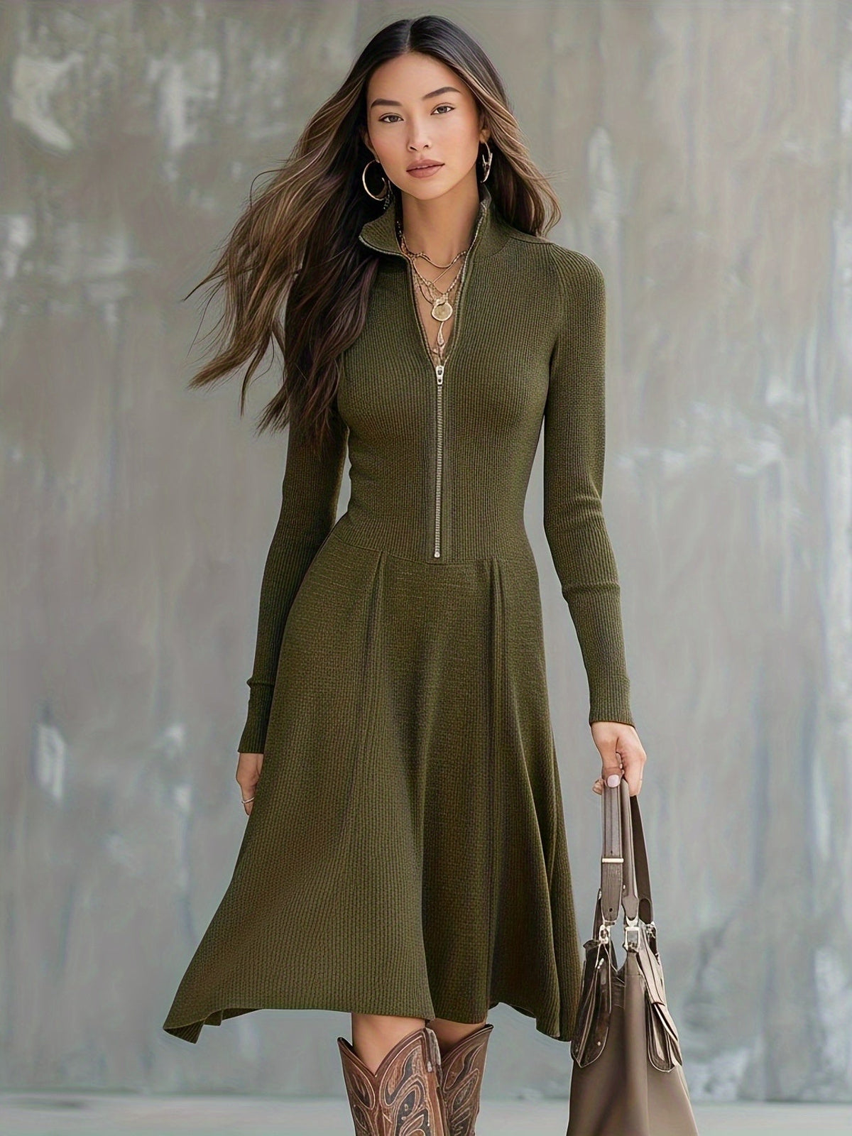 Zip-Front Long-Sleeve Fitted Midi Dress for Women
