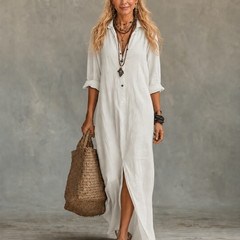 White button-down maxi dress with long sleeves