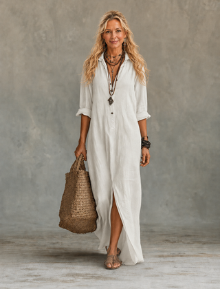 White button-down maxi dress with long sleeves