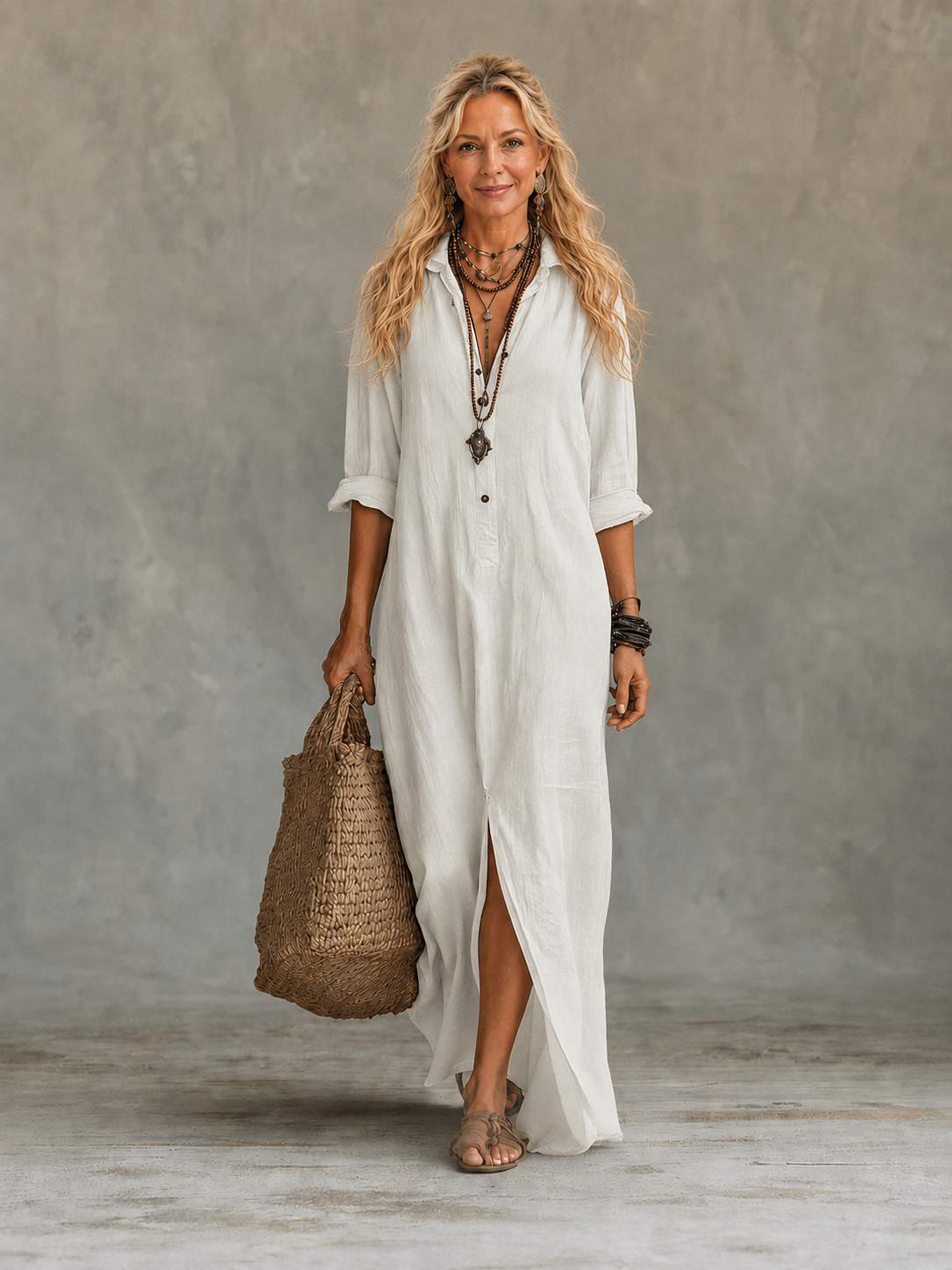 White button-down maxi dress with long sleeves