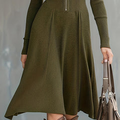 Zip-Front Long-Sleeve Fitted Midi Dress for Women