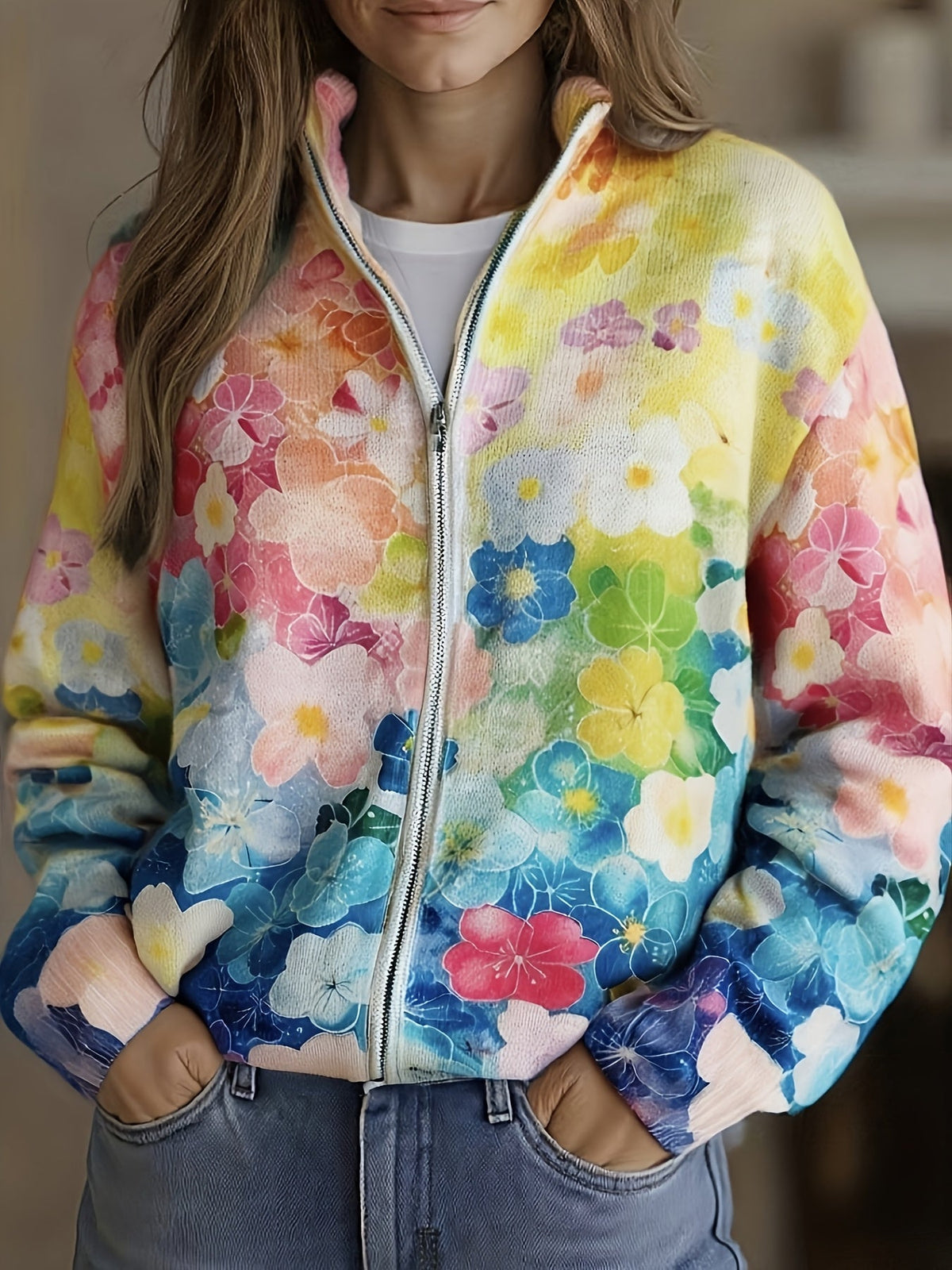 Watercolor Floral Ombre Zip Cardigan
