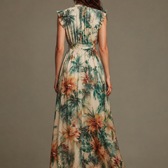 Chiffon tropical maxi dress showing smocked waist
