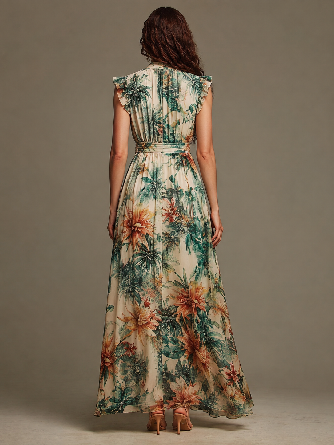 Chiffon tropical maxi dress showing smocked waist