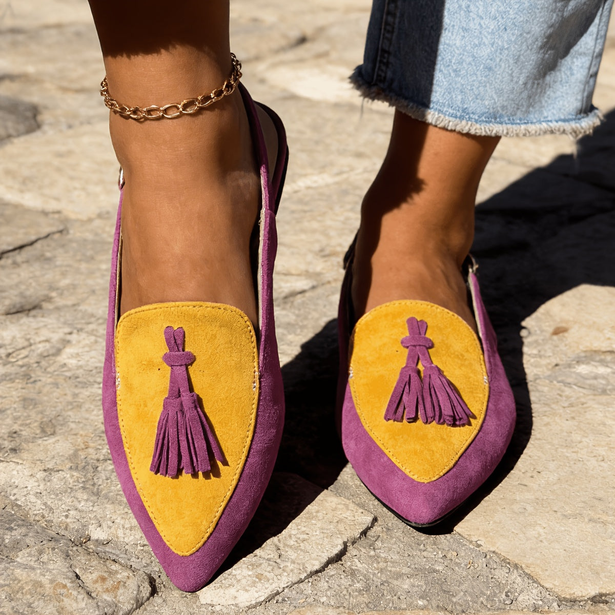 Slingback Mules with Tassels in pink and yellow