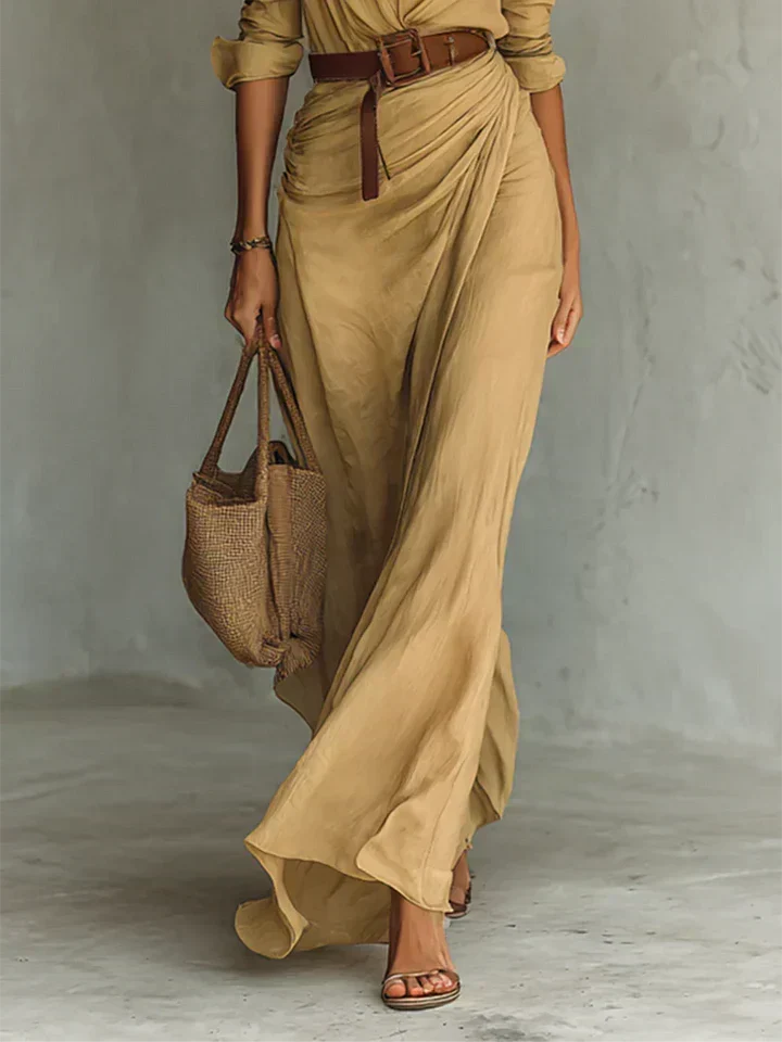 Lapel V-Neck Belted Wrap Maxi Dress for Women