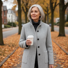 Woman in her sixties wearing the grey wool coat on an autumn street