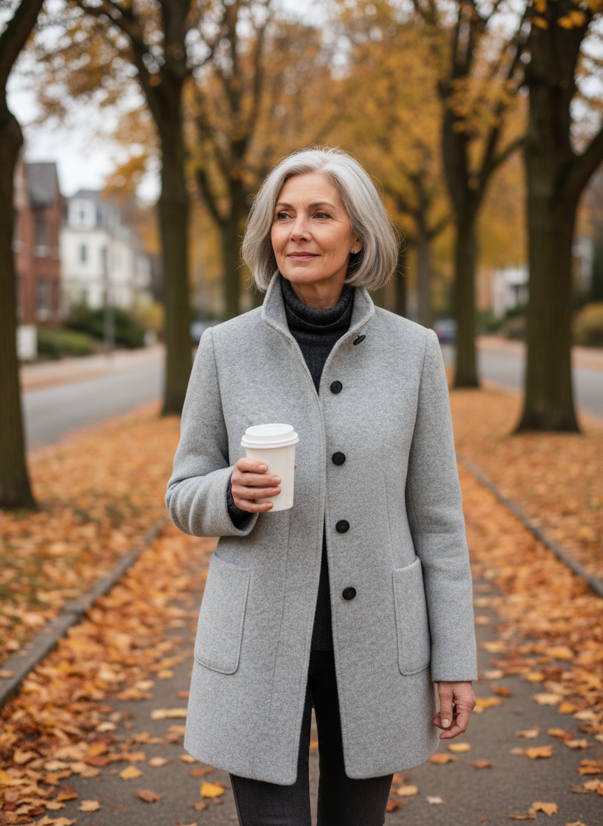 Woman in her sixties wearing the grey wool coat on an autumn street