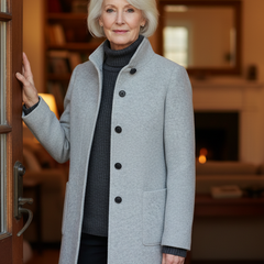 Woman wearing the grey wool coat in the doorway of her home