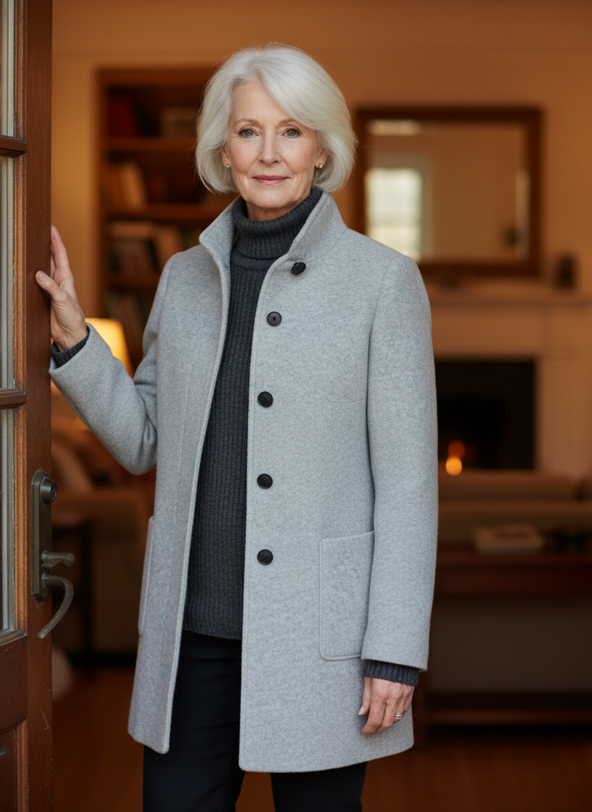 Woman wearing the grey wool coat in the doorway of her home