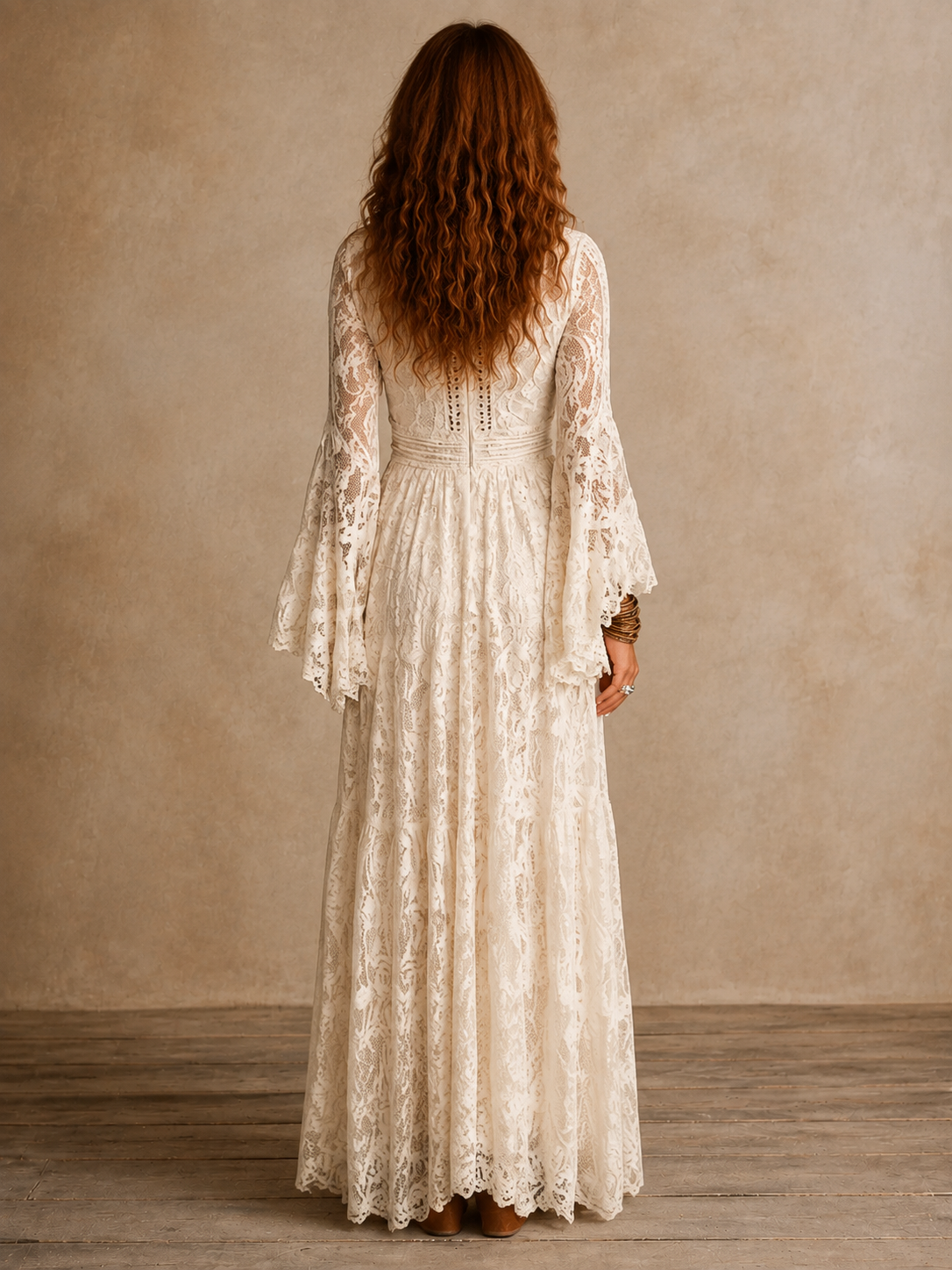 Flared sleeve detail on vintage maxi dress
