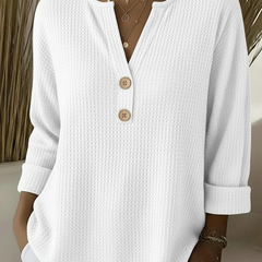 Textured waffle knit button sweater in white