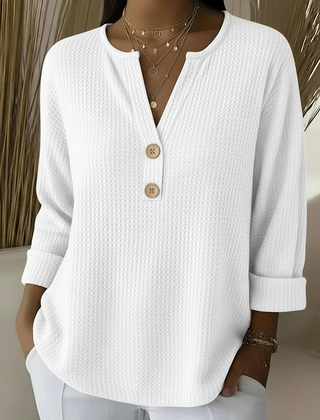 Textured waffle knit button sweater in white
