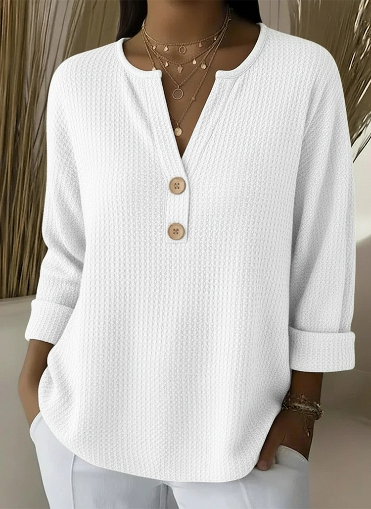 Textured waffle knit button sweater in white