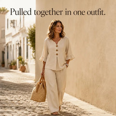 Linen-Look Two-Piece Set with Ruffle Sleeves and Wide-Leg Pants