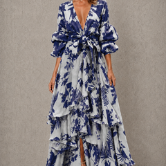 Blue tiered floral maxi dress with bow belt and puff sleeves