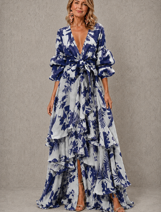 Blue tiered floral maxi dress with bow belt and puff sleeves