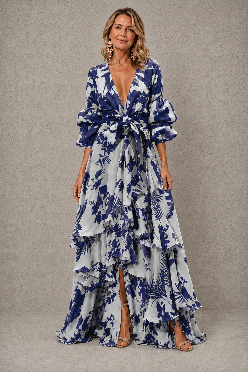 Blue tiered floral maxi dress with bow belt and puff sleeves