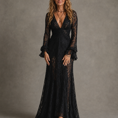 Plunging V-neck lace maxi dress with bell sleeves