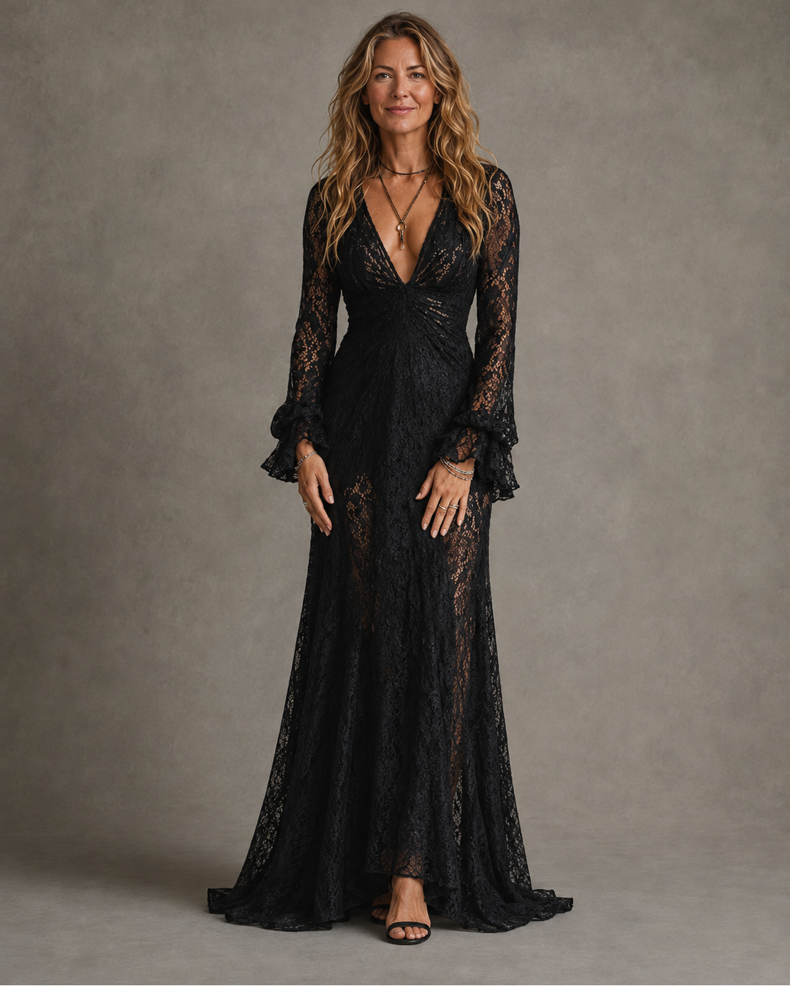 Plunging V-neck lace maxi dress with bell sleeves