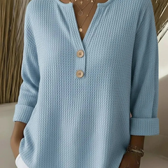Textured waffle knit button sweater in blue