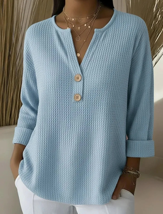 Textured waffle knit button sweater in blue