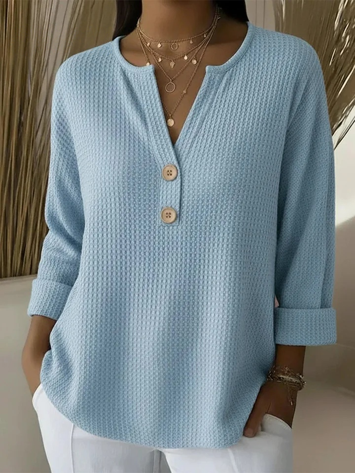 Textured waffle knit button sweater in blue