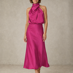 Magenta halter satin evening dress