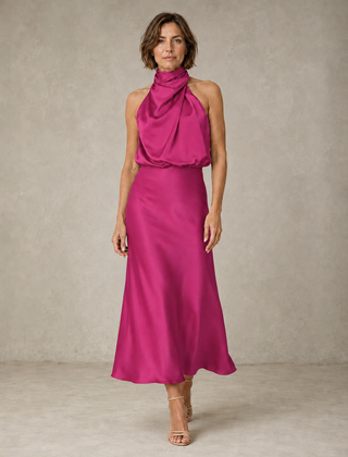 Magenta halter satin evening dress