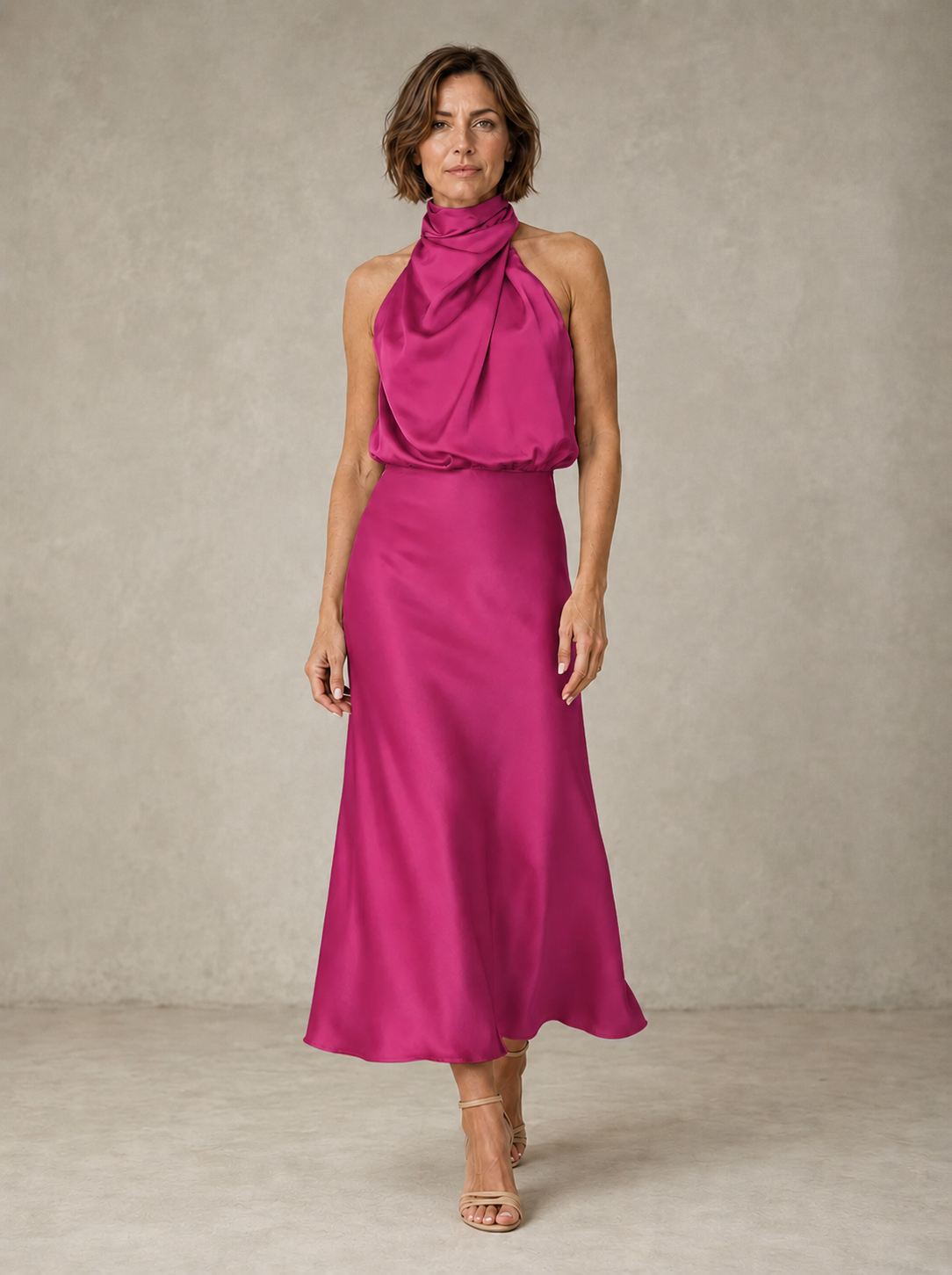 Magenta halter satin evening dress