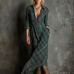 Plaid Button-Front Long-Sleeve Maxi Shirt Dress for Women