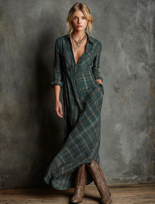 Plaid Button-Front Long-Sleeve Maxi Shirt Dress for Women