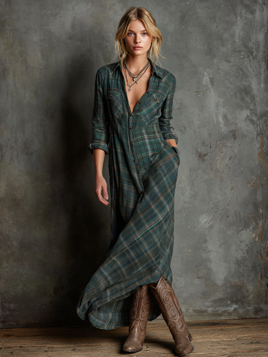 Plaid Button-Front Long-Sleeve Maxi Shirt Dress for Women