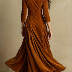 Collared V-Neck Button-Front 7/8-Sleeve Midi Dress for Women