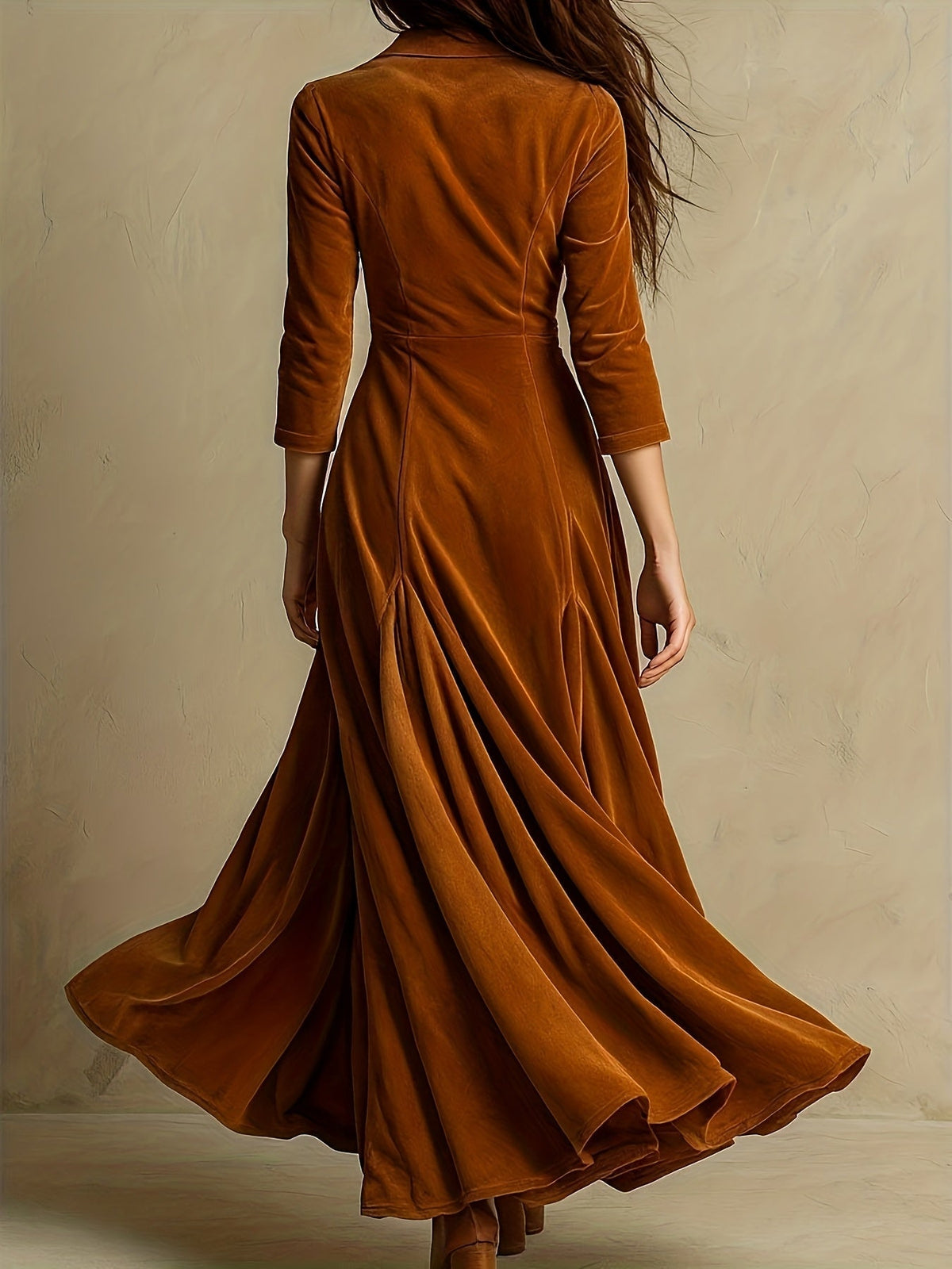 Collared V-Neck Button-Front 7/8-Sleeve Midi Dress for Women