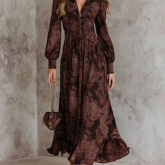 Paisley Zip-Waist Long-Sleeve Maxi Dress for Women
