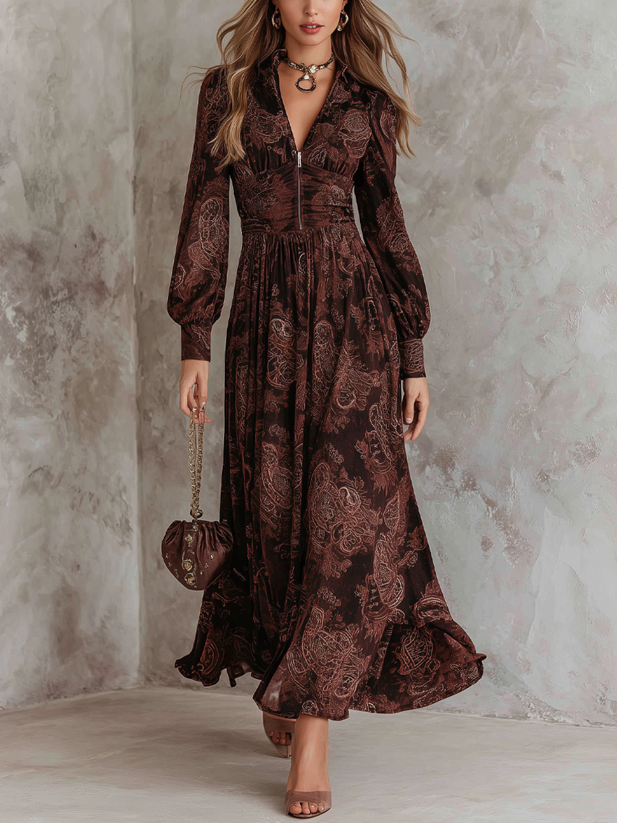 Paisley Zip-Waist Long-Sleeve Maxi Dress for Women