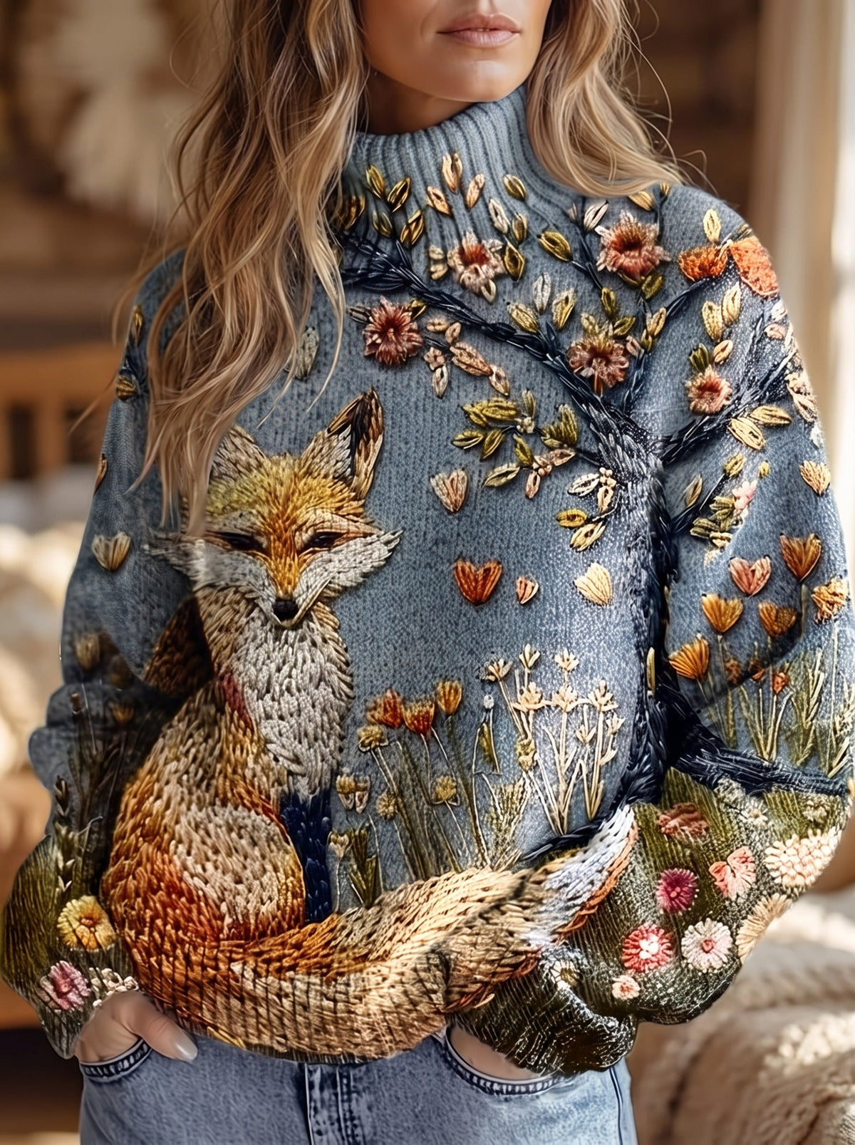 Embroidered Fox Turtleneck
