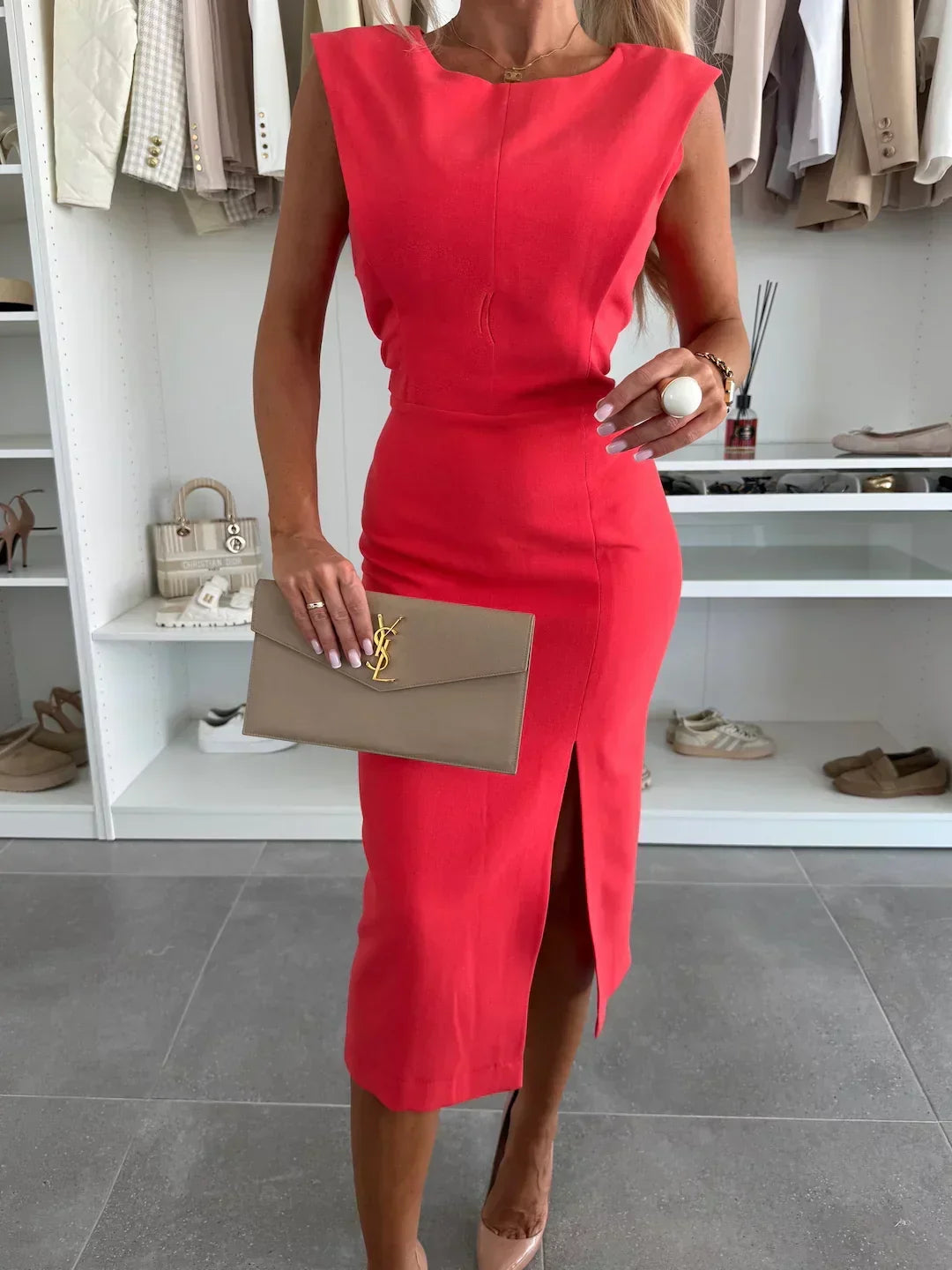 Noelle | Front-Slit Midi Dress with Structured Shoulders