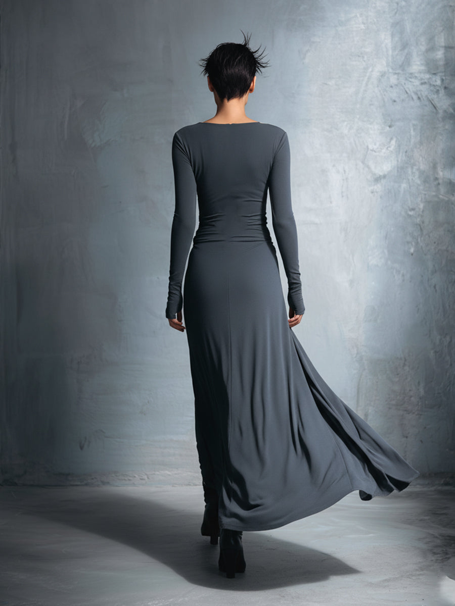Long-Sleeve Side-Tie Draped Maxi Dress for Women