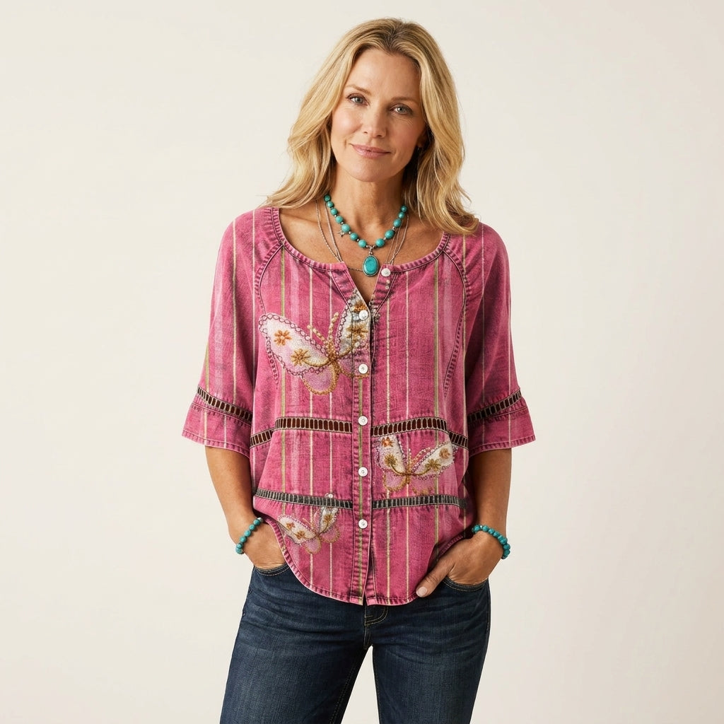 Button-Front Three-Quarter Sleeve Blouse 2