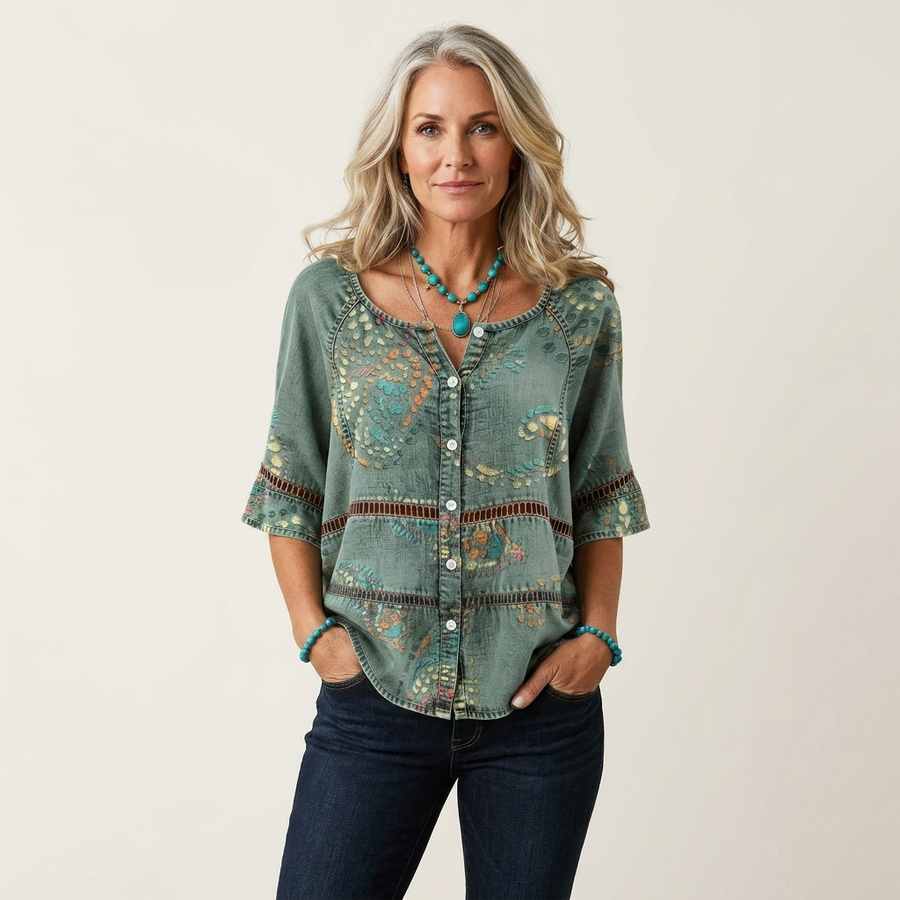 Button-Front Three-Quarter Sleeve Blouse 3