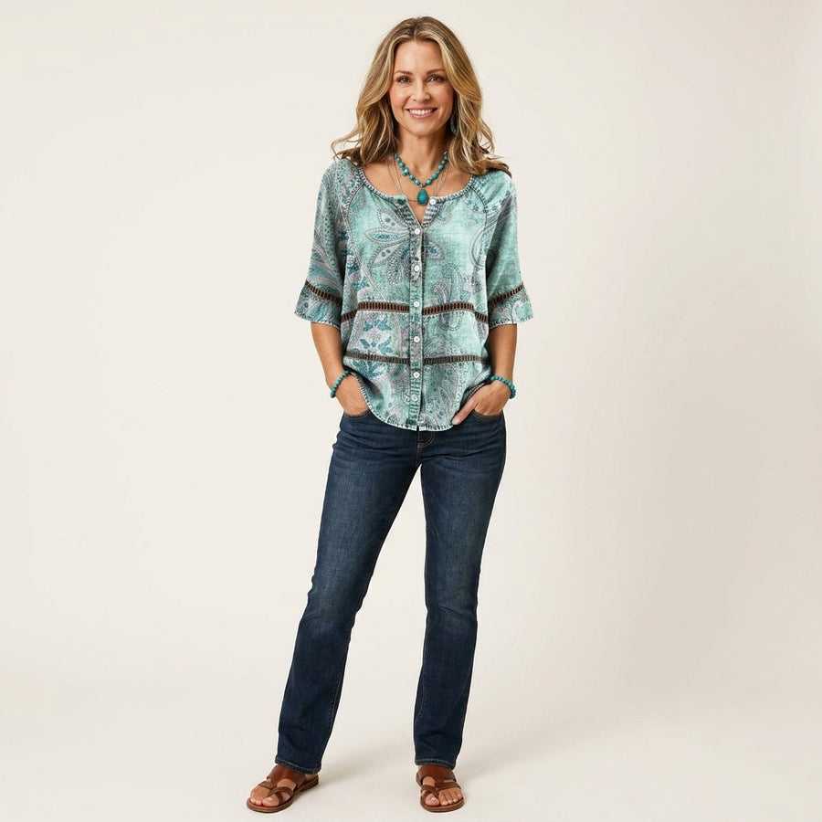 Button-Front Three-Quarter Sleeve Blouse 6