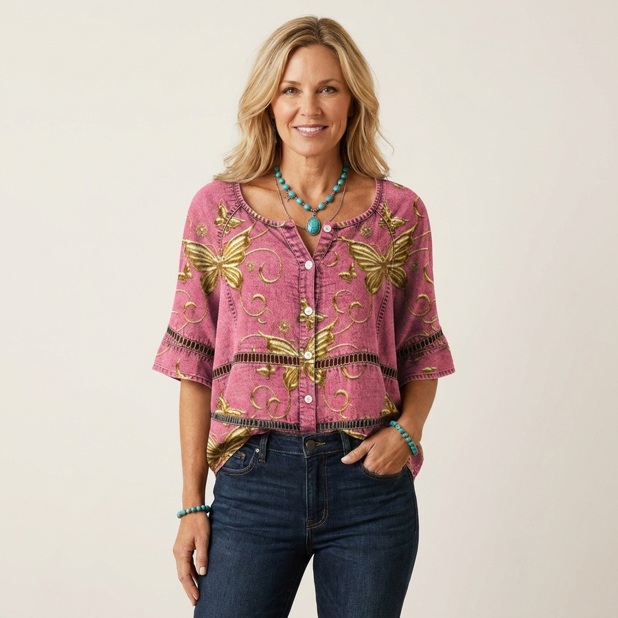 Button-Front Three-Quarter Sleeve Blouse 4
