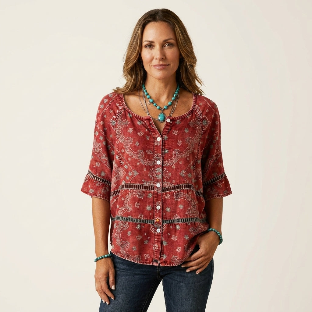 Button-Front Three-Quarter Sleeve Blouse 7